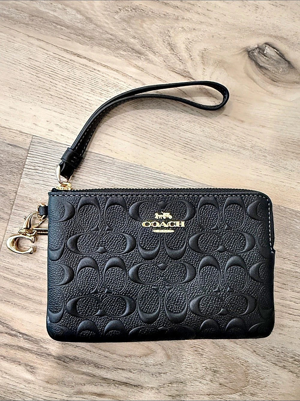 Coach Corner Zip Wristlet In Signature Leather Black